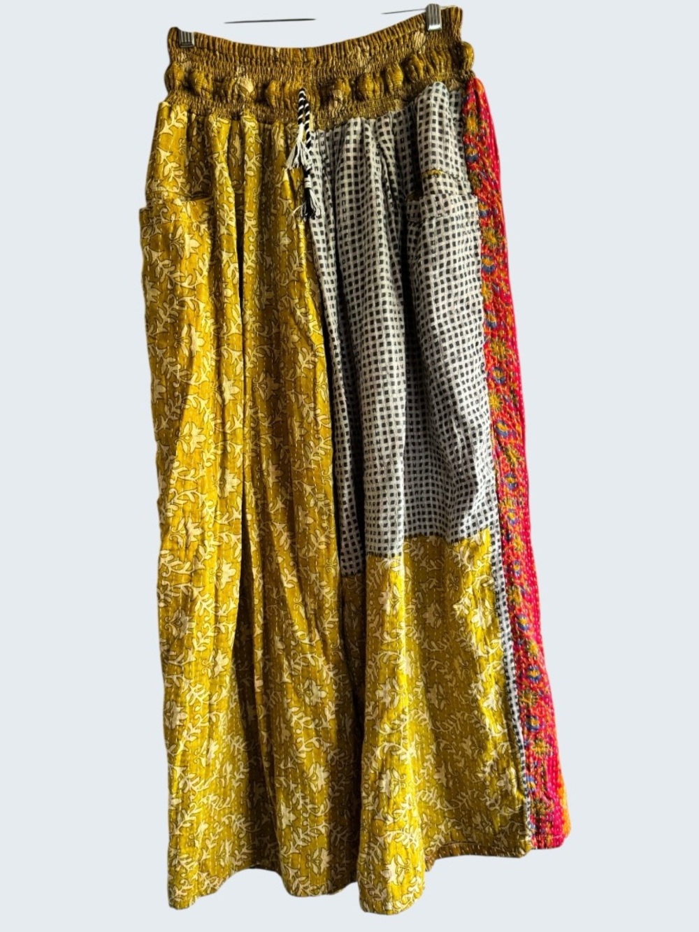 Kantha Bae beautiful Crossroads Pants with seersucker patch.
